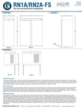 Hoshizaki RN1A-RN2A-FS original shared front, side and plan dimensions; body depth 34.5 inches versus 38.9 inches with ramp; exact model and source qualifications in specification note