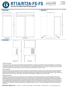 Hoshizaki RT1A-RT2A-FS-FS original shared front, side and plan dimensions; body depth 36.75 inches versus 45.5 inches with ramps; exact model and source qualifications in specification note; 68-inch front view retains erroneous RT1A caption while correct two-door geometry and RT2A plan label remain visible