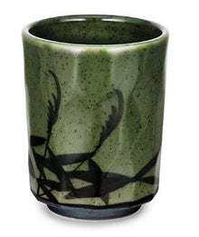 10 fl oz Green Bamboo-Motif Teacup — 3″ D × 4″ H