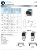 Hoshizaki SF bin series original application matrix, dimension drawings, B/BD ice-drop comparison and leg details.