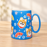 SF72-BSH blue dog and fan mug on a pale wood tabletop