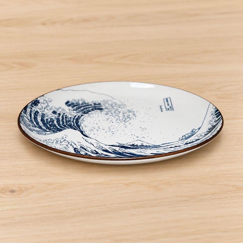 SH210-H blue wave ceramic plate on a wood table