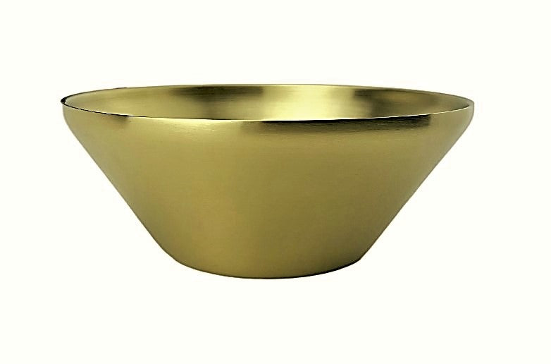 Side profile of a gold-tone V-shaped stainless steel salad bowl.