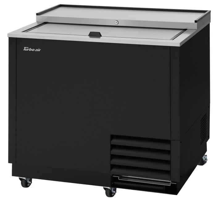 Turbo Air TBC-36SB-GF-N black glass and mug froster with one sliding stainless steel top lid, a lower front ventilation grille and casters.