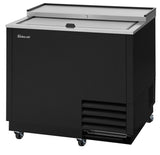 Turbo Air TBC-36SB-GF-N black glass and mug froster with one sliding stainless steel top lid, a lower front ventilation grille and casters.