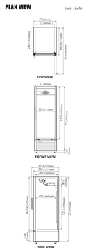 Manufacturer top, front and side plan views for Turbo Air TGF-23SDH-N, including cabinet dimensions, door-swing clearance and the 2-1/2-inch leg allowance.