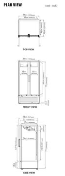Manufacturer top, front and side plan views for Turbo Air TGF-35SDH-N, including cabinet dimensions, door-swing clearance and the 2-1/2-inch leg allowance.
