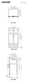 Manufacturer top, front and side plan views for Turbo Air TGF-35SDH-N, including cabinet dimensions, door-swing clearance and the 2-1/2-inch leg allowance.