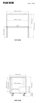 TUF-48SD-N manufacturer top and side plan views; exact-model sheet height excludes 5-5/8 in for casters. Confirm supplied configuration and installed height.
