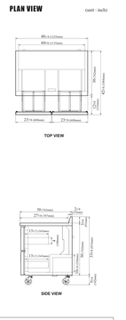 TWF-48SD-D4-N manufacturer top and side plan views, showing drawer extension and the rear backsplash; exact-model sheet height excludes 5-5/8 in for casters. Confirm supplied configuration and installed height.