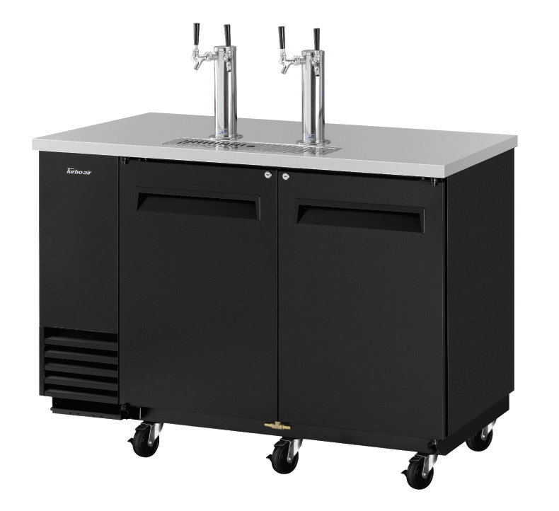 Turbo Air TBD-2SB-N6 black vinyl two-door draft beer dispenser with two double-faucet towers.