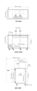 Manufacturer top, front and side dimension drawings for TBD-2SD-N6 and TBD-2SB-N6 beer dispensers; dimensions exclude specified caster and tower allowances.