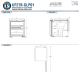 Hoshizaki UF27B-GLP01 official front, side and plan dimensional views with model identification; confirm source-qualified depth and bumper dimensions in the specification note