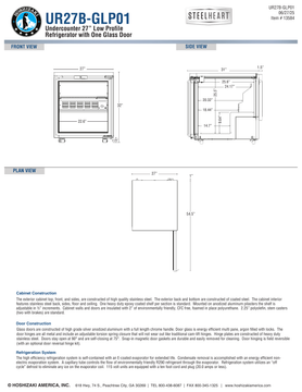 Hoshizaki UR27B-GLP01 official glass-door cabinet front, side and plan views; dimensions differ between manufacturer sources, see specification note