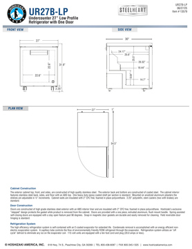 Hoshizaki UR27B-LP official front, side and plan dimensional views; door-open bumper boundary differs from the specification table, see note