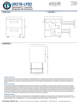 Hoshizaki UR27B-LPD2 official low-profile cabinet and extended-drawer dimensional views; use the specification note for bumper boundaries