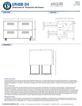 Hoshizaki UR48B-D4 official cabinet and extended-drawer dimensional views; rear bumper adds 1 inch to body and open-drawer depths