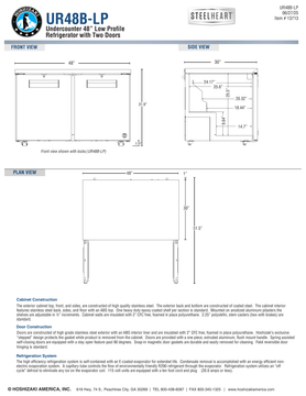 Hoshizaki UR48B-LP official front, side and plan dimensional views; optional locks may be illustrated; door-open bumper boundary differs from the specification table, see note