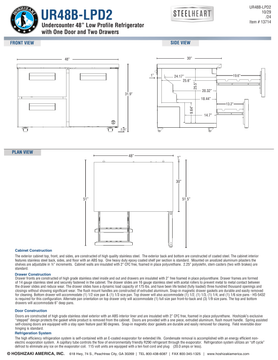 Hoshizaki UR48B-LPD2 official low-profile cabinet and extended-drawer dimensional views; use the specification note for bumper boundaries