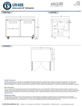 Hoshizaki UR48B official front, side and plan dimensional views; add the rear bumper to body-depth dimensions