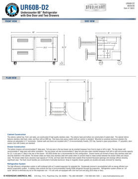 Hoshizaki UR60B-D2 official cabinet and extended-drawer dimensional views; rear bumper adds 1 inch to body and open-drawer depths