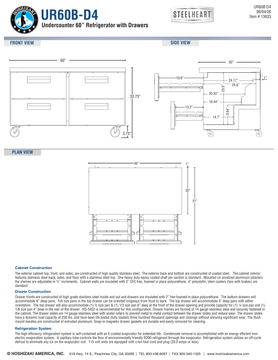 Hoshizaki UR60B-D4 official cabinet and extended-drawer dimensional views; rear bumper adds 1 inch to body and open-drawer depths