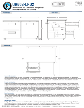 Hoshizaki UR60B-LPD2 official low-profile cabinet and extended-drawer dimensional views; use the specification note for bumper boundaries