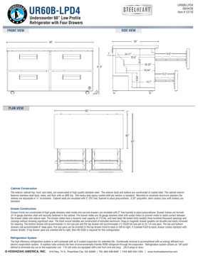 Hoshizaki UR60B-LPD4 official low-profile cabinet and extended-drawer dimensional views; use the specification note for bumper boundaries