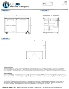 Hoshizaki UR60B official front, side and plan dimensional views; add the rear bumper to body-depth dimensions; height differs from the specification table, see specification note