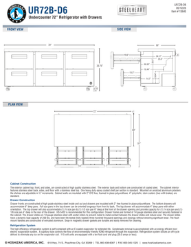 Hoshizaki UR72B-D6 official cabinet and extended-drawer dimensional views; rear bumper adds 1 inch to body and open-drawer depths