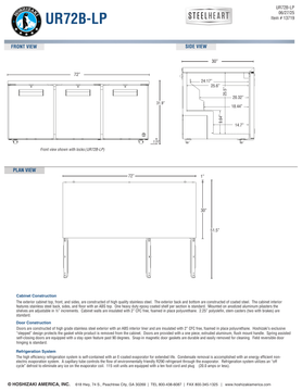 Hoshizaki UR72B-LP official front, side and plan dimensional views; optional locks may be illustrated; door-open bumper boundary differs from the specification table, see note
