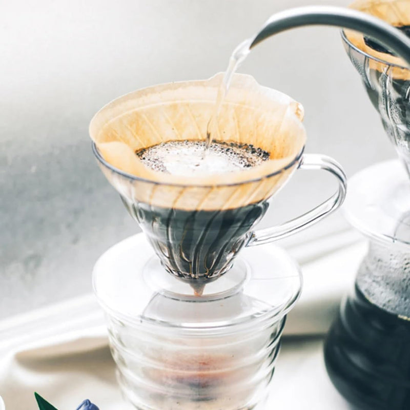 HARIO V60 01 clear coffee dripper preparation view