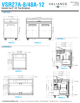 Hoshizaki VSR27A-8 and VSR48A-12 original front, side and plan dimension drawings.