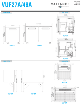 Hoshizaki VUF27A / 48A original front, side and plan dimension drawings. The single-door plan carries a VUF48A caption error.