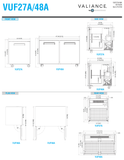 Hoshizaki VUF27A / 48A original front, side and plan dimension drawings. The single-door plan carries a VUF48A caption error.