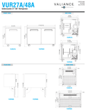 Hoshizaki VUR27A / 48A original front, side and plan dimension drawings. The single-door plan carries a VUR48A caption error.