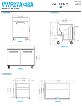 Hoshizaki VWF27A / 48A original front, side and plan dimension drawings. Common side-view caption reads VWR27/48A.