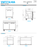 Hoshizaki VWF27A / 48A original front, side and plan dimension drawings. Common side-view caption reads VWR27/48A.