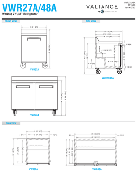 Hoshizaki VWR27A / 48A original front, side and plan dimension drawings.