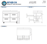 Hoshizaki WF48B-D4 official worktop front, side and plan dimension views; 40-inch overall height on 6-inch casters