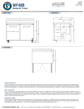 Hoshizaki WF48B official worktop front, side and plan views; 36-inch work surface and 40-inch overall height with 6-inch casters; small revision header says WF48A in error, see specification note