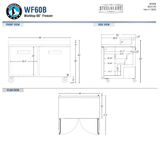 Hoshizaki WF60B official worktop front, side and plan views; 36-inch work surface, 4-inch backsplash and 40-inch overall height on 6-inch casters