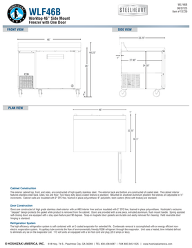 Hoshizaki WLF46B original full manufacturer dimension page: 46-inch width, 33.25-inch depth including rear bumper, 36-inch work surface and 40.25-inch overall backsplash height