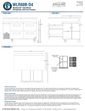 Hoshizaki WLR60B-D4 original complete manufacturer drawing page: 60-inch cabinet width, 57.5-inch drawer-open depth and 36-inch work surface with 40.25-inch overall backsplash height; pan-size and slide-rating differences retained in original source, see note