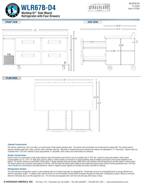 Hoshizaki WLR67B-D4 original complete manufacturer drawing page: 67-inch cabinet width, 57.5-inch drawer-open depth and 36-inch work surface with 40.25-inch overall backsplash height