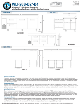 Hoshizaki WLR93B-D2-D4 original complete manufacturer drawing page: 93-inch cabinet width, 57.5-inch drawer-open depth and 36-inch work surface with 40.25-inch overall backsplash height; both D2 and D4 layouts shown; door-open depth and shelf/brake descriptions differ across sources, see note
