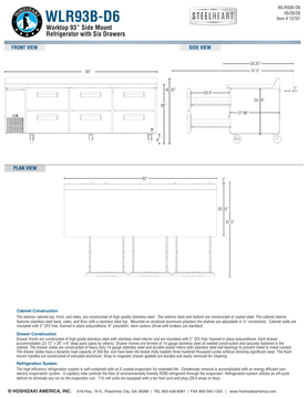 Hoshizaki WLR93B-D6 original complete manufacturer drawing page: 93-inch cabinet width, 57.5-inch drawer-open depth and 36-inch work surface with 40.25-inch overall backsplash height