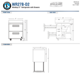Hoshizaki WR27B-D2 official worktop front, side and plan dimension views; 40-inch overall height on 6-inch casters