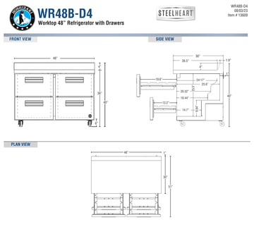 Hoshizaki WR48B-D4 official worktop front, side and plan dimension views; 40-inch overall height on 6-inch casters