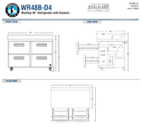 Hoshizaki WR48B-D4 official worktop front, side and plan dimension views; 40-inch overall height on 6-inch casters